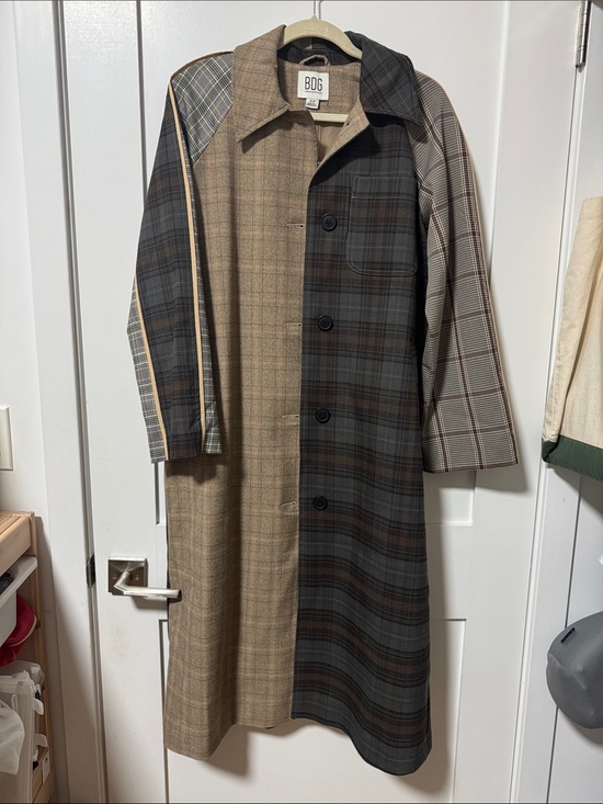 BDG Jackets & Blazers - BDG Patchwork Plaid Trench Coat in Brown and Gray